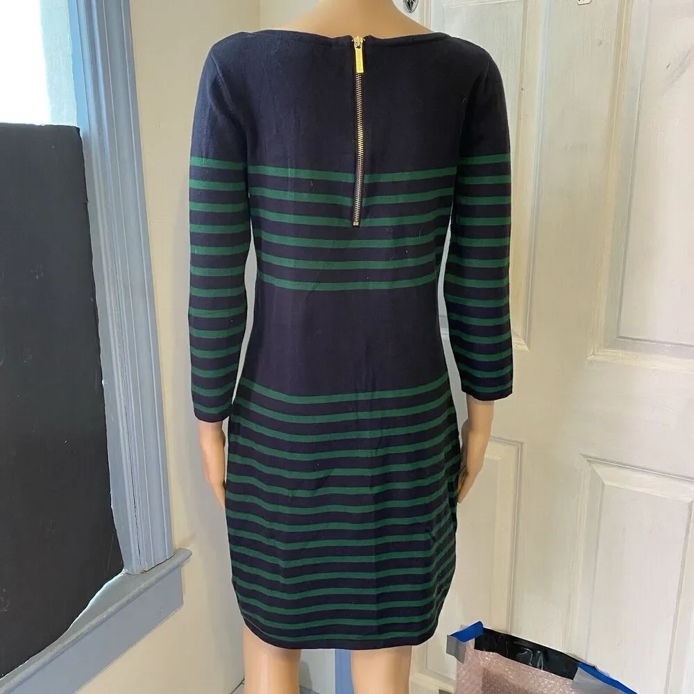 Michael Kors Knit Sweater Dress Green Blue Stripes Size M/L Mini 3/4 Sleeves
